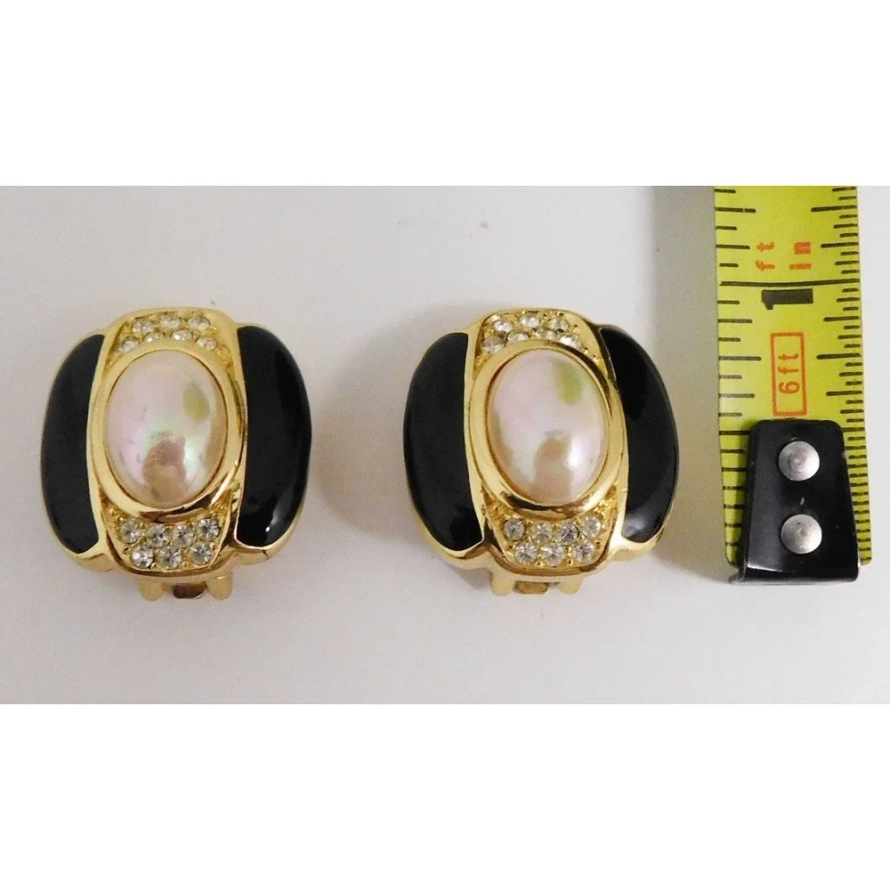 Christian Dior Vintage Black Enamel Pearl‎ Clear Jeweled Clip On Earrings